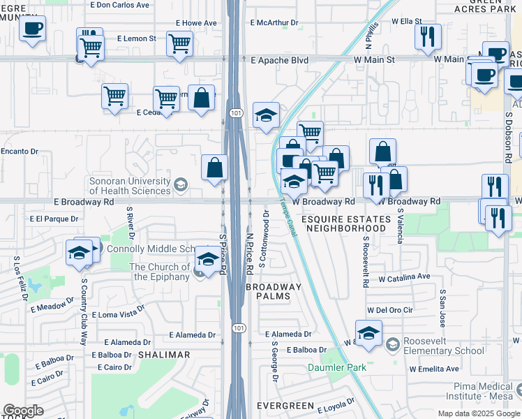 map of restaurants, bars, coffee shops, grocery stores, and more near 2100 South Cottonwood Drive in Tempe