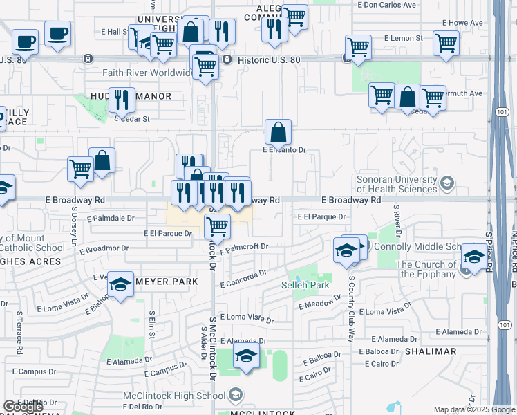 map of restaurants, bars, coffee shops, grocery stores, and more near 1865 East Broadway Road in Tempe