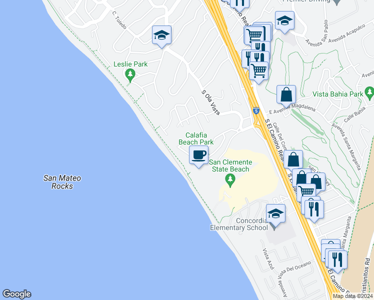 map of restaurants, bars, coffee shops, grocery stores, and more near 258 Avenida Lobeiro in San Clemente