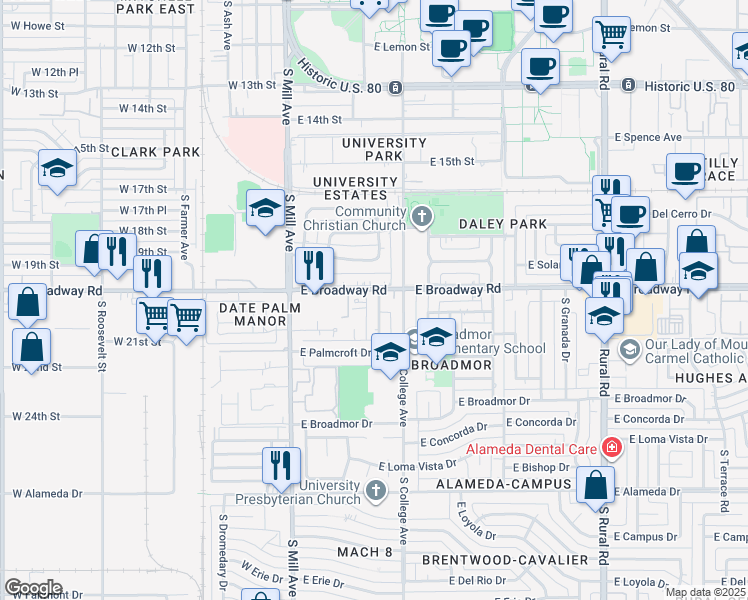 map of restaurants, bars, coffee shops, grocery stores, and more near 2021 South Forest Avenue in Tempe