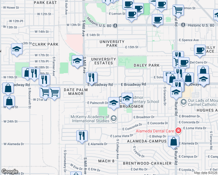 map of restaurants, bars, coffee shops, grocery stores, and more near 2021 South Forest Avenue in Tempe