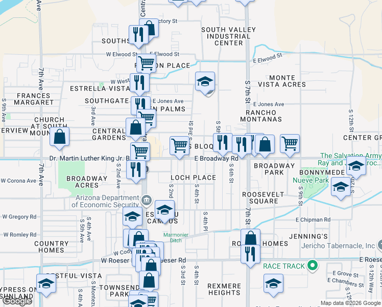 map of restaurants, bars, coffee shops, grocery stores, and more near 300 East Broadway Road in Phoenix