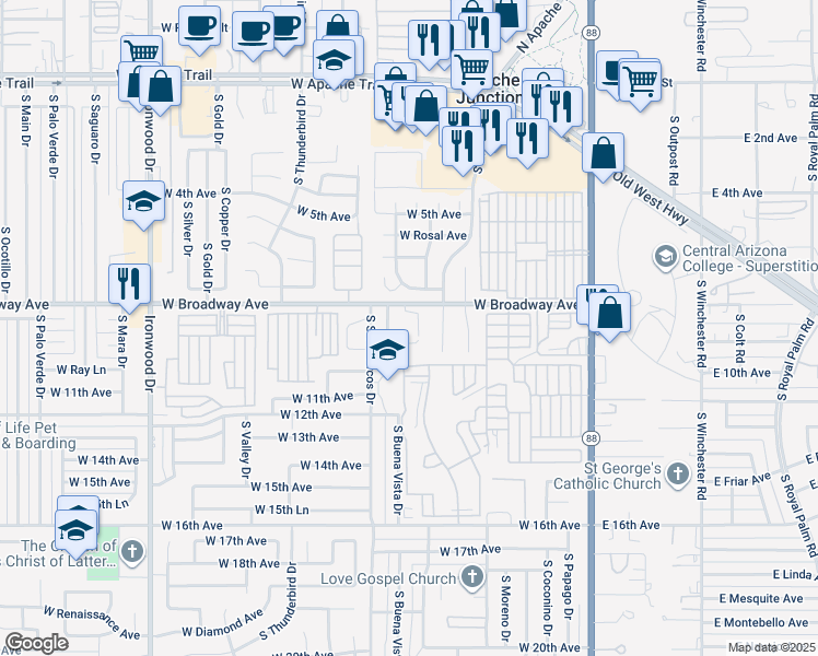 map of restaurants, bars, coffee shops, grocery stores, and more near 675 West Broadway Avenue in Apache Junction