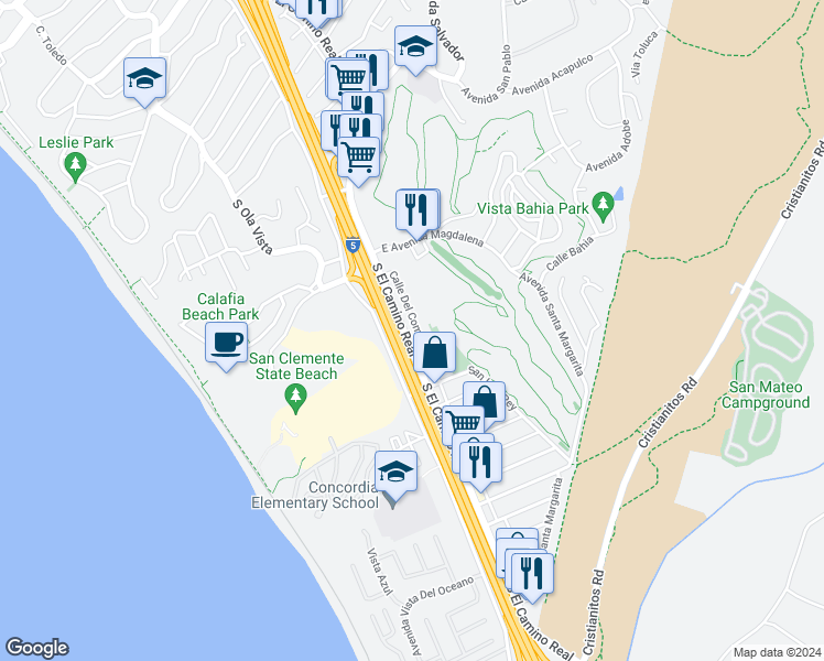 map of restaurants, bars, coffee shops, grocery stores, and more near 2707 El Camino Real in San Diego County