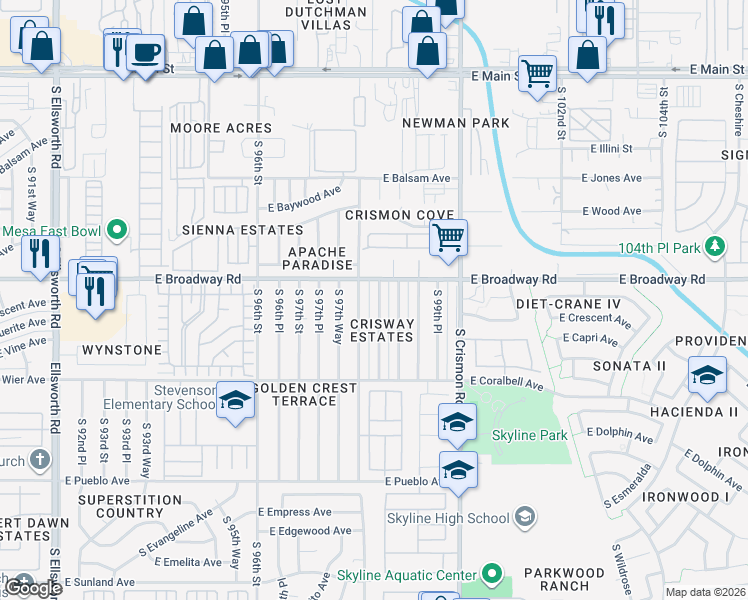 map of restaurants, bars, coffee shops, grocery stores, and more near 443 South 98th Street in Mesa