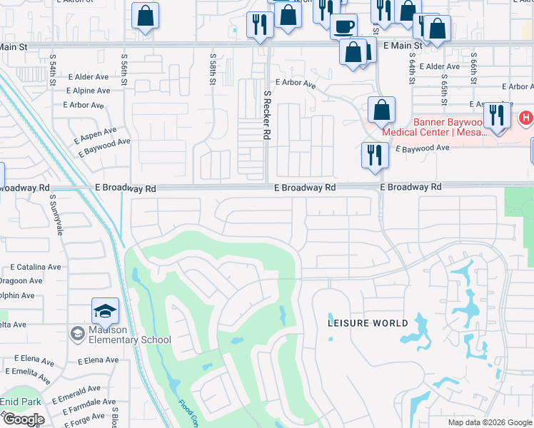map of restaurants, bars, coffee shops, grocery stores, and more near 1919 Leisure World in Mesa