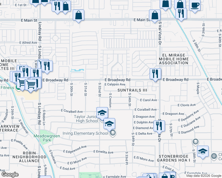 map of restaurants, bars, coffee shops, grocery stores, and more near 3257 East Crescent Avenue in Mesa