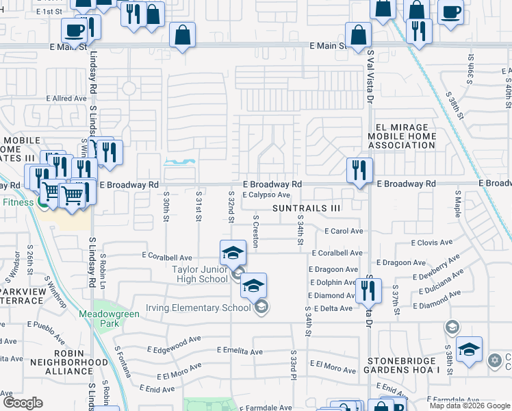 map of restaurants, bars, coffee shops, grocery stores, and more near 3257 East Crescent Avenue in Mesa