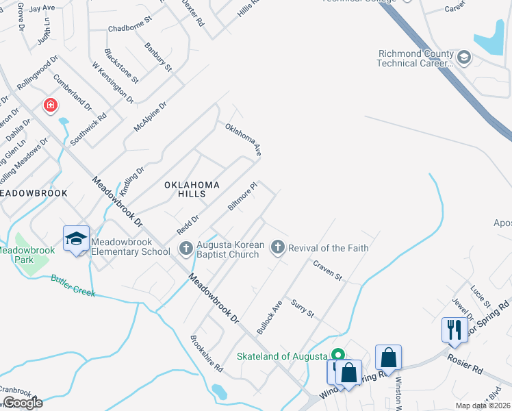 map of restaurants, bars, coffee shops, grocery stores, and more near 3517 Gardenbrook Drive in Augusta