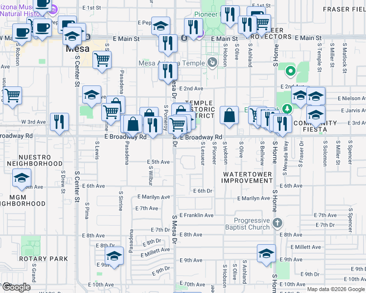map of restaurants, bars, coffee shops, grocery stores, and more near 455 South Mesa Drive in Mesa