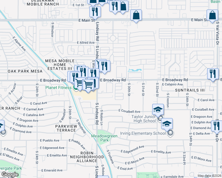 map of restaurants, bars, coffee shops, grocery stores, and more near 2855 East Broadway Road in Mesa