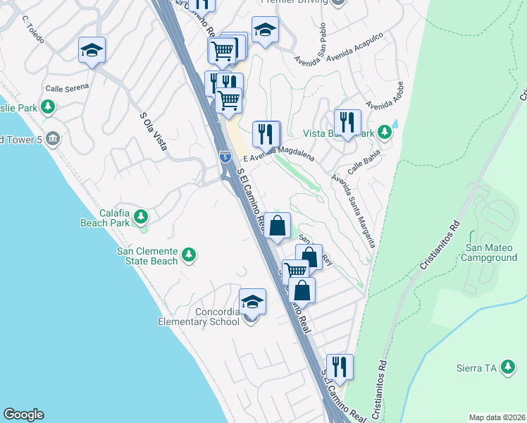 map of restaurants, bars, coffee shops, grocery stores, and more near 2707 South El Camino Real in San Clemente