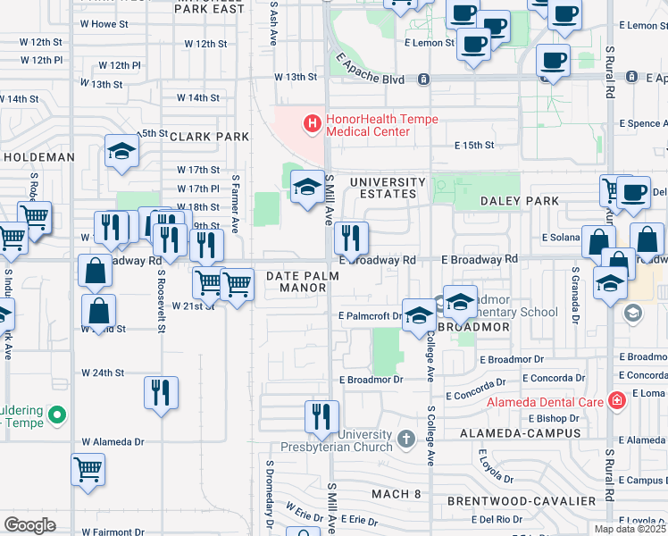 map of restaurants, bars, coffee shops, grocery stores, and more near 29 East Broadway Road in Tempe
