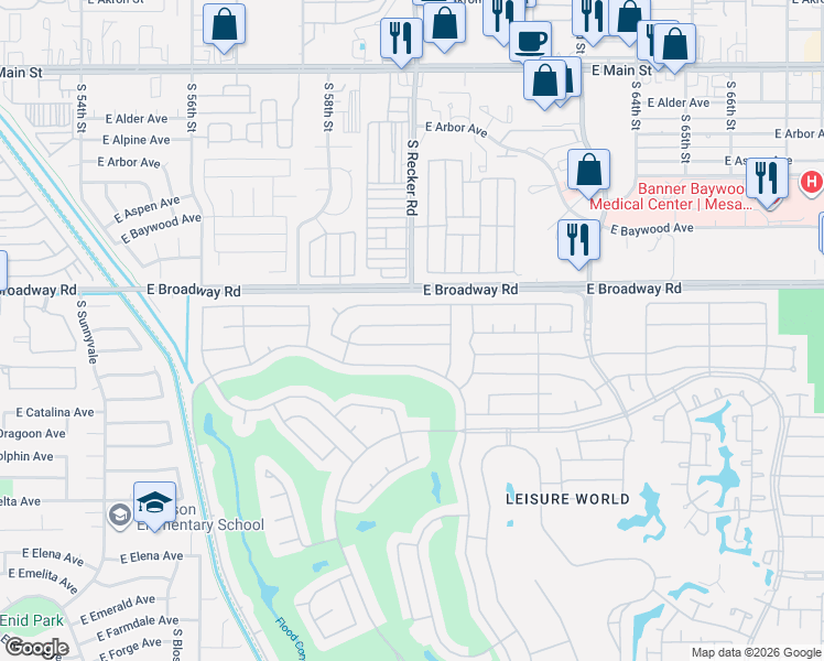 map of restaurants, bars, coffee shops, grocery stores, and more near 1893 Leisure World in Mesa
