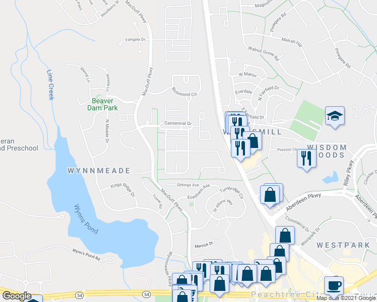 map of restaurants, bars, coffee shops, grocery stores, and more near 310 Revolution Drive in Peachtree City