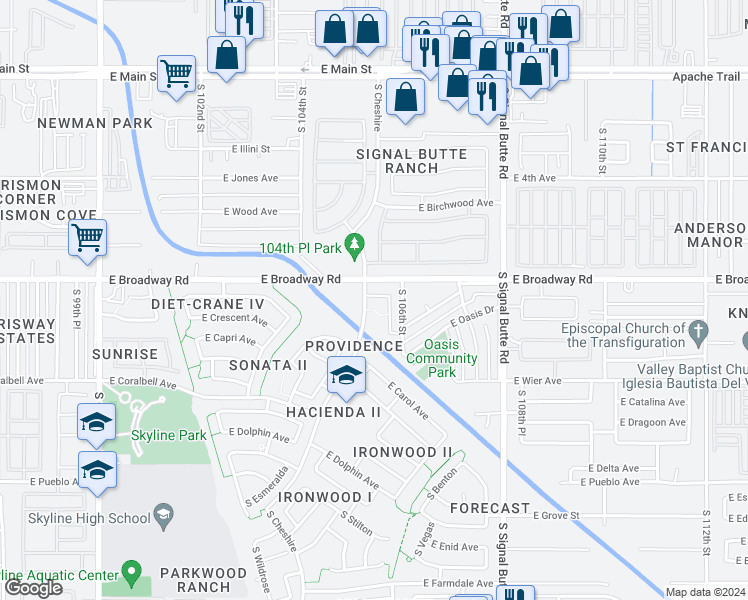 map of restaurants, bars, coffee shops, grocery stores, and more near 10517 East Calypso Avenue in Mesa