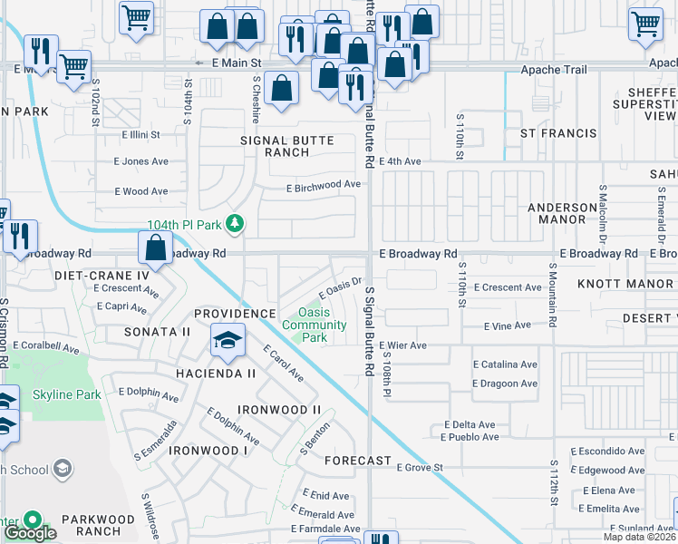 map of restaurants, bars, coffee shops, grocery stores, and more near 10672 East Oasis Drive in Mesa