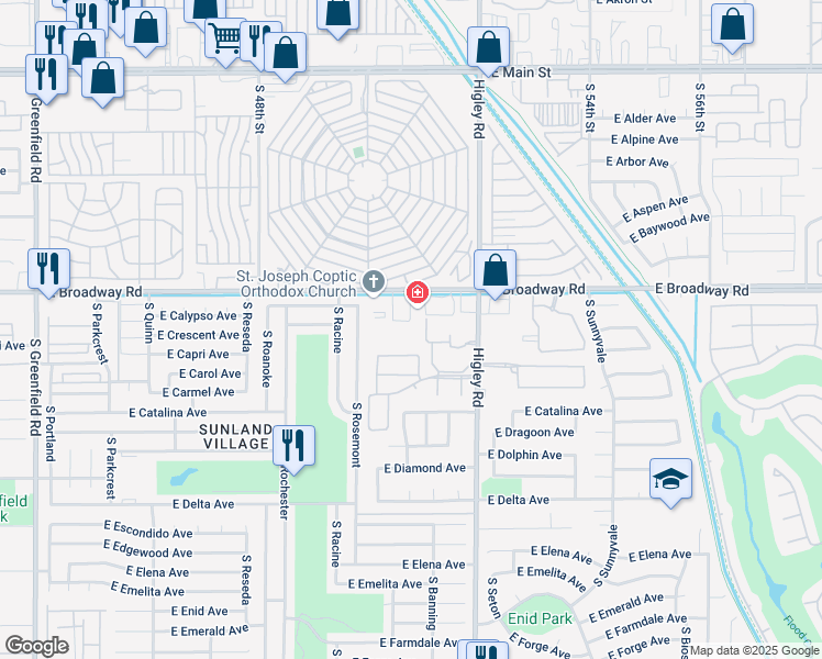 map of restaurants, bars, coffee shops, grocery stores, and more near 542 South Higley Road in Mesa