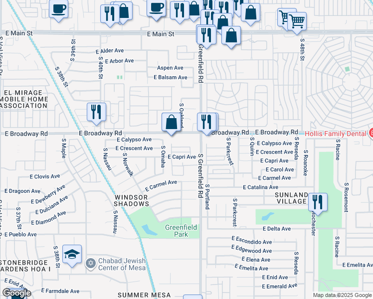 map of restaurants, bars, coffee shops, grocery stores, and more near 4328 South Sunland Villas 3 in Mesa