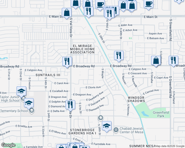 map of restaurants, bars, coffee shops, grocery stores, and more near South Val Vista Villas in Mesa