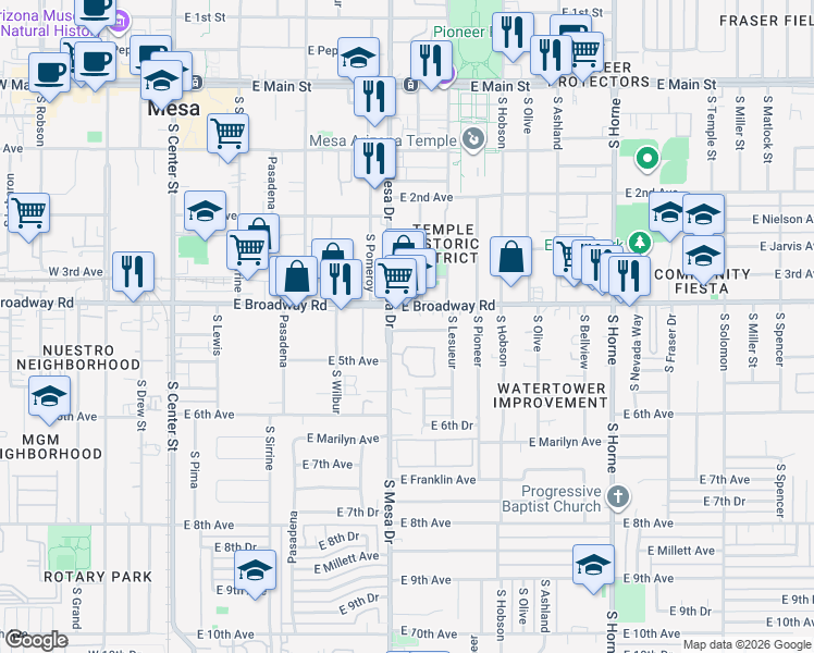 map of restaurants, bars, coffee shops, grocery stores, and more near 455 South Mesa Drive in Mesa