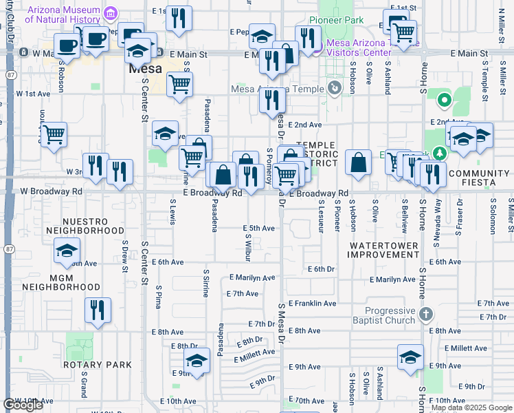 map of restaurants, bars, coffee shops, grocery stores, and more near 441 South Wilbur in Mesa