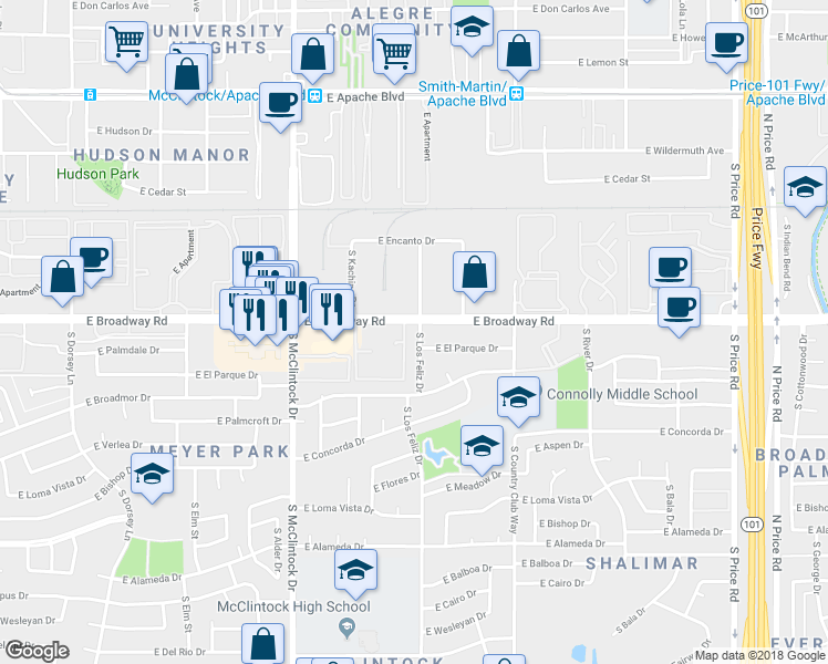 map of restaurants, bars, coffee shops, grocery stores, and more near 2102 South Los Feliz Drive in Tempe