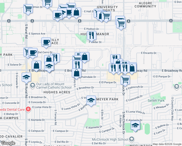 map of restaurants, bars, coffee shops, grocery stores, and more near 1431 East Palmdale Drive in Tempe