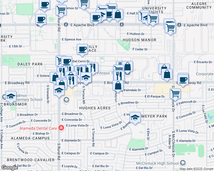 map of restaurants, bars, coffee shops, grocery stores, and more near 2090 South Dorsey Lane in Tempe
