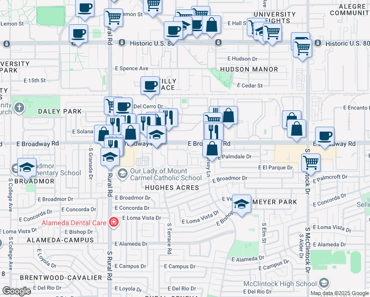 map of restaurants, bars, coffee shops, grocery stores, and more near 2090 South Dorsey Lane in Tempe