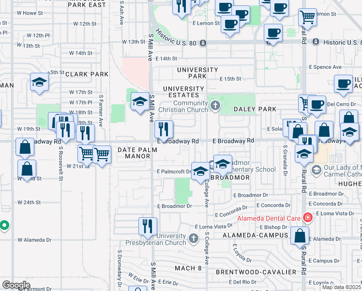 map of restaurants, bars, coffee shops, grocery stores, and more near 121 East Broadway Road in Tempe