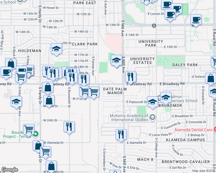map of restaurants, bars, coffee shops, grocery stores, and more near 111 West Palmdale Drive in Tempe
