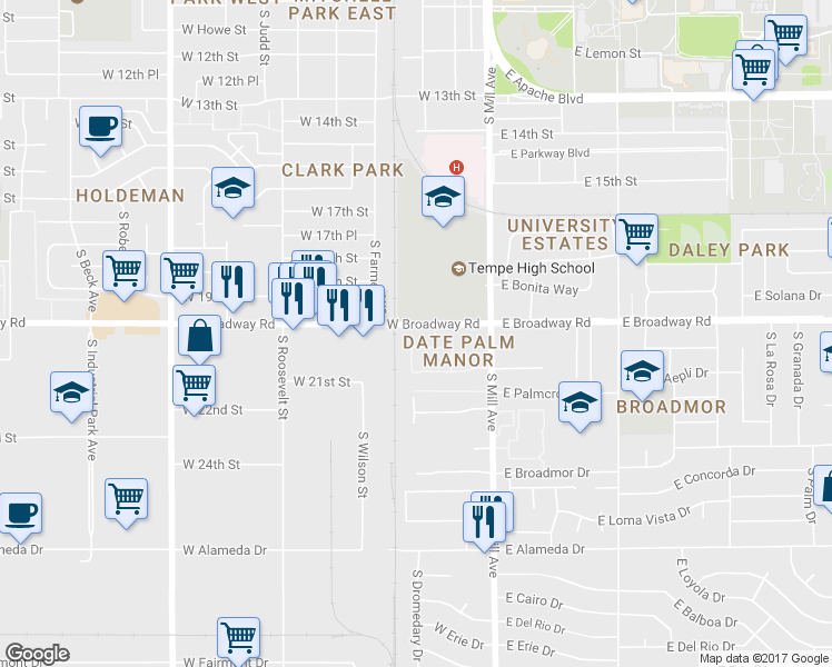 map of restaurants, bars, coffee shops, grocery stores, and more near 111 West Palmdale Drive in Tempe