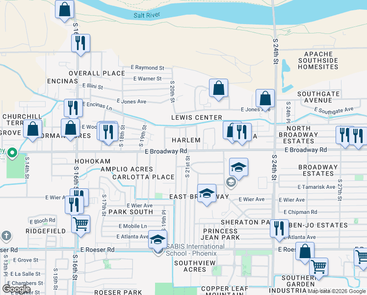 map of restaurants, bars, coffee shops, grocery stores, and more near 2001 East Broadway Road in Phoenix