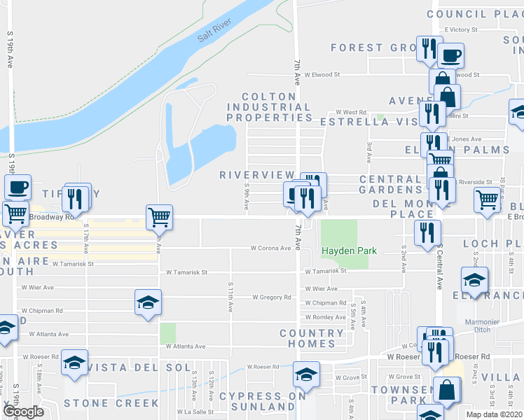 map of restaurants, bars, coffee shops, grocery stores, and more near 741 West Broadway Road in Phoenix