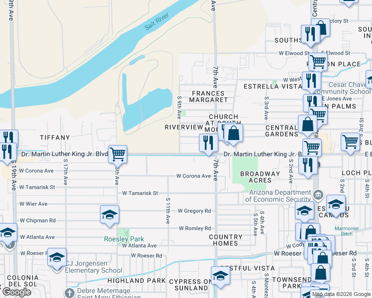 map of restaurants, bars, coffee shops, grocery stores, and more near 741 West Broadway Road in Phoenix