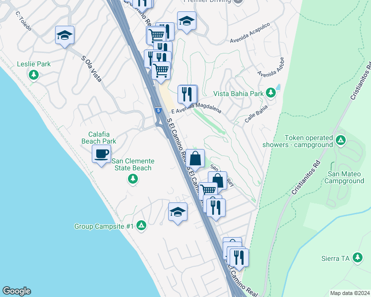 map of restaurants, bars, coffee shops, grocery stores, and more near 2719 South El Camino Real in San Clemente