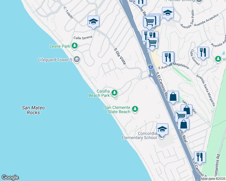 map of restaurants, bars, coffee shops, grocery stores, and more near in San Clemente