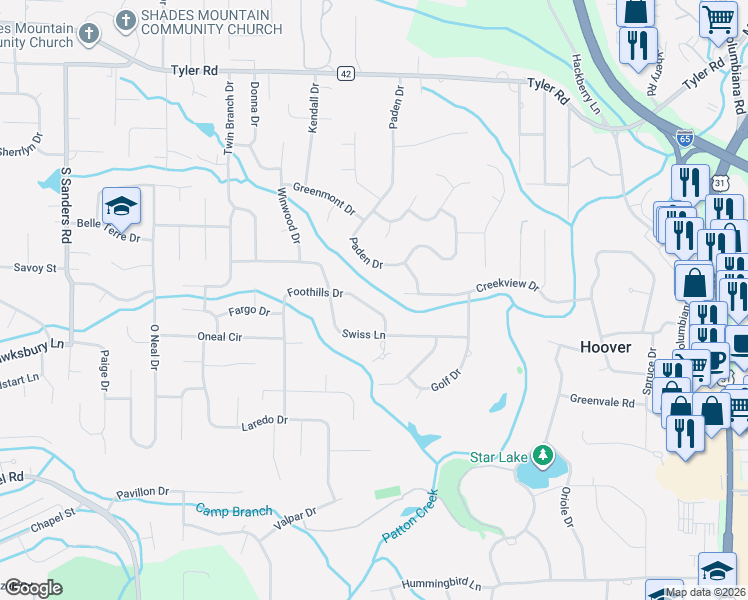map of restaurants, bars, coffee shops, grocery stores, and more near 2656 Foothills Drive in Birmingham
