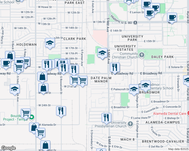 map of restaurants, bars, coffee shops, grocery stores, and more near 111 West Palmdale Drive in Tempe