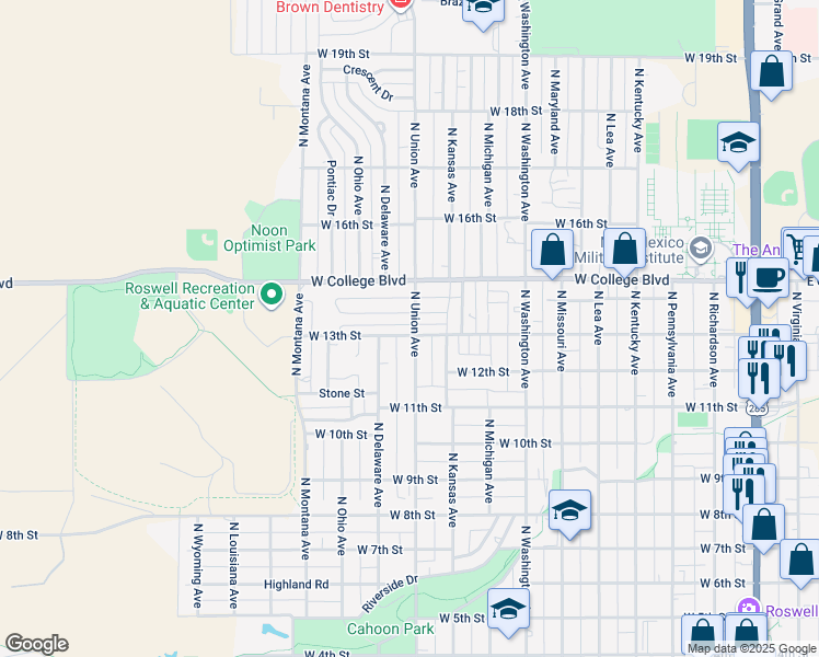 map of restaurants, bars, coffee shops, grocery stores, and more near 1001 West 13th Street in Roswell