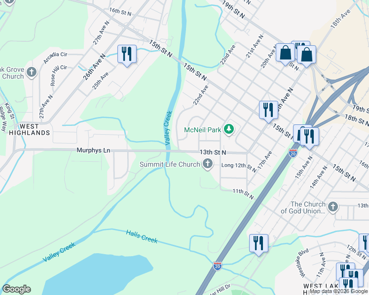 map of restaurants, bars, coffee shops, grocery stores, and more near 2129 13th Street North in Bessemer