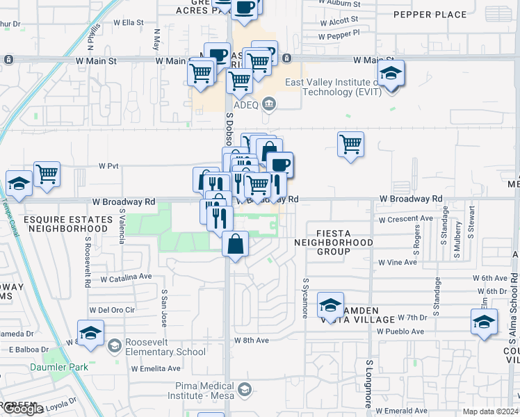map of restaurants, bars, coffee shops, grocery stores, and more near 1947 West Broadway Road in Mesa