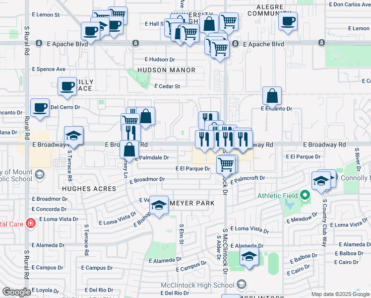 map of restaurants, bars, coffee shops, grocery stores, and more near 2035 South Elm Street in Tempe