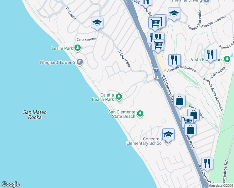 map of restaurants, bars, coffee shops, grocery stores, and more near 247 Avenida Montalvo in San Clemente