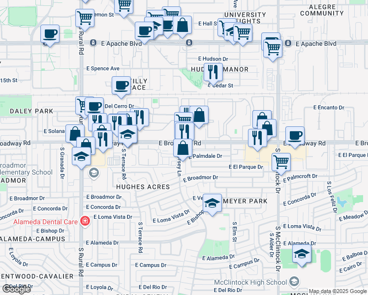 map of restaurants, bars, coffee shops, grocery stores, and more near 2090 South Dorsey Lane in Tempe
