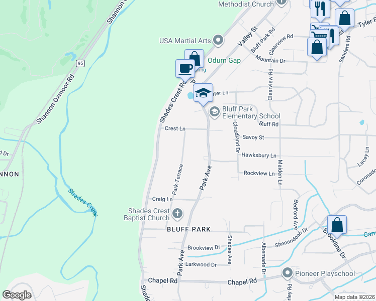 map of restaurants, bars, coffee shops, grocery stores, and more near 539 Park Terrace in Hoover