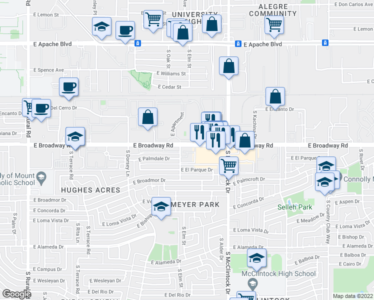 map of restaurants, bars, coffee shops, grocery stores, and more near 2035 South Elm Street in Tempe
