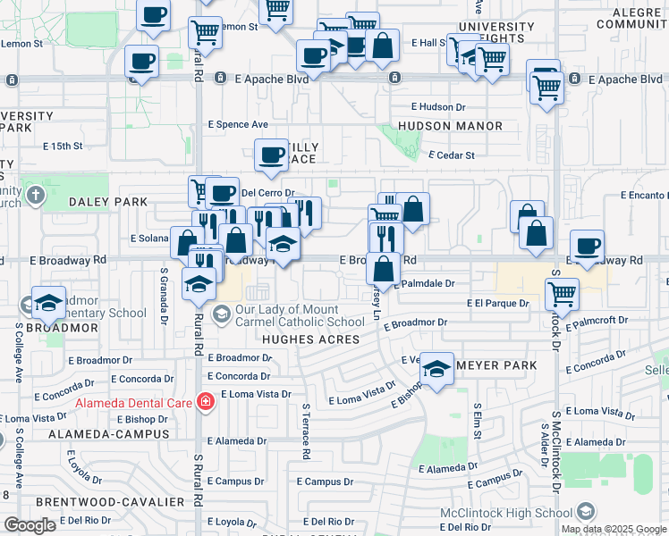 map of restaurants, bars, coffee shops, grocery stores, and more near 2090 South Dorsey Lane in Tempe