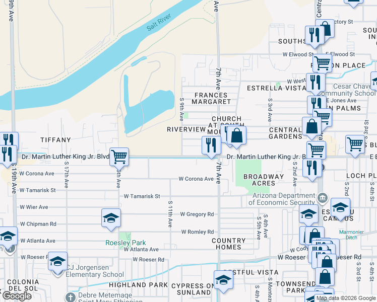 map of restaurants, bars, coffee shops, grocery stores, and more near 741 West Broadway Road in Phoenix